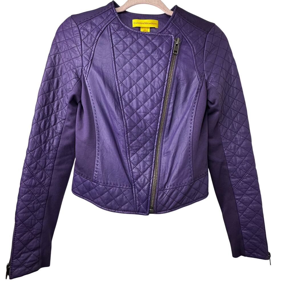 Sz 2 Catherine Malandrino Purple Quilted Lamb Leather Moto Jacket Punk Biker Y2k